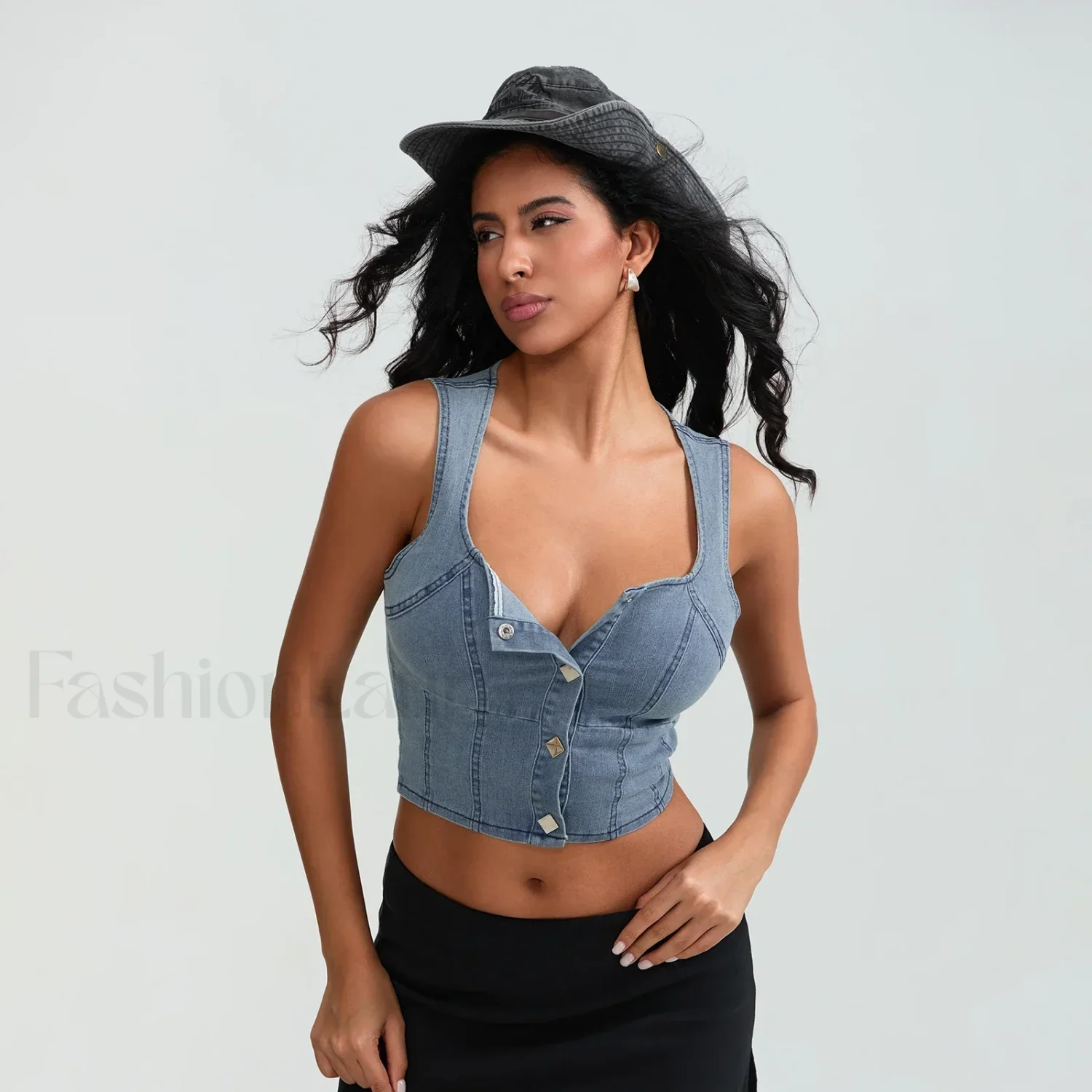 Denim Button Square Crop Top - Image 10