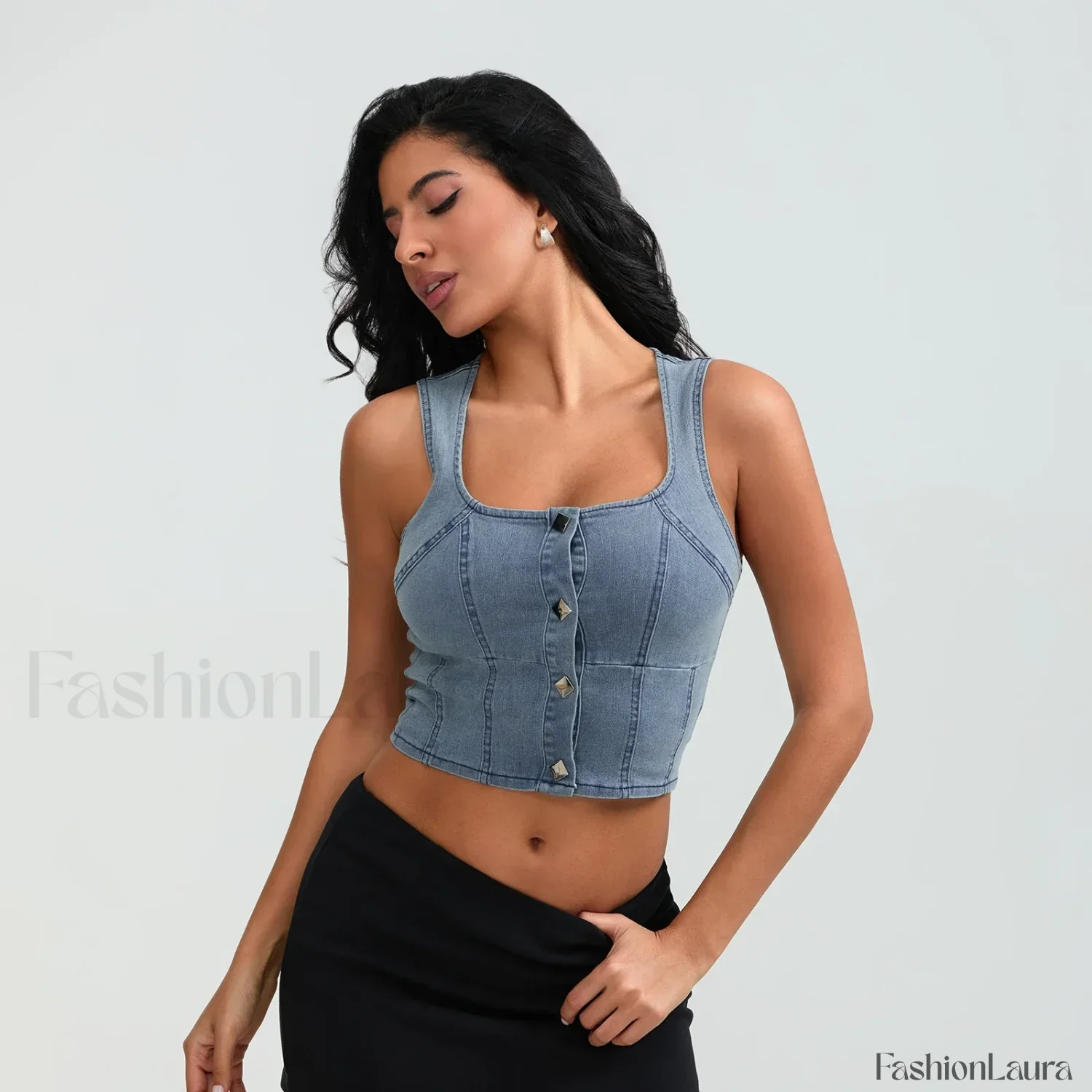 Denim Button Square Crop Top - Image 14