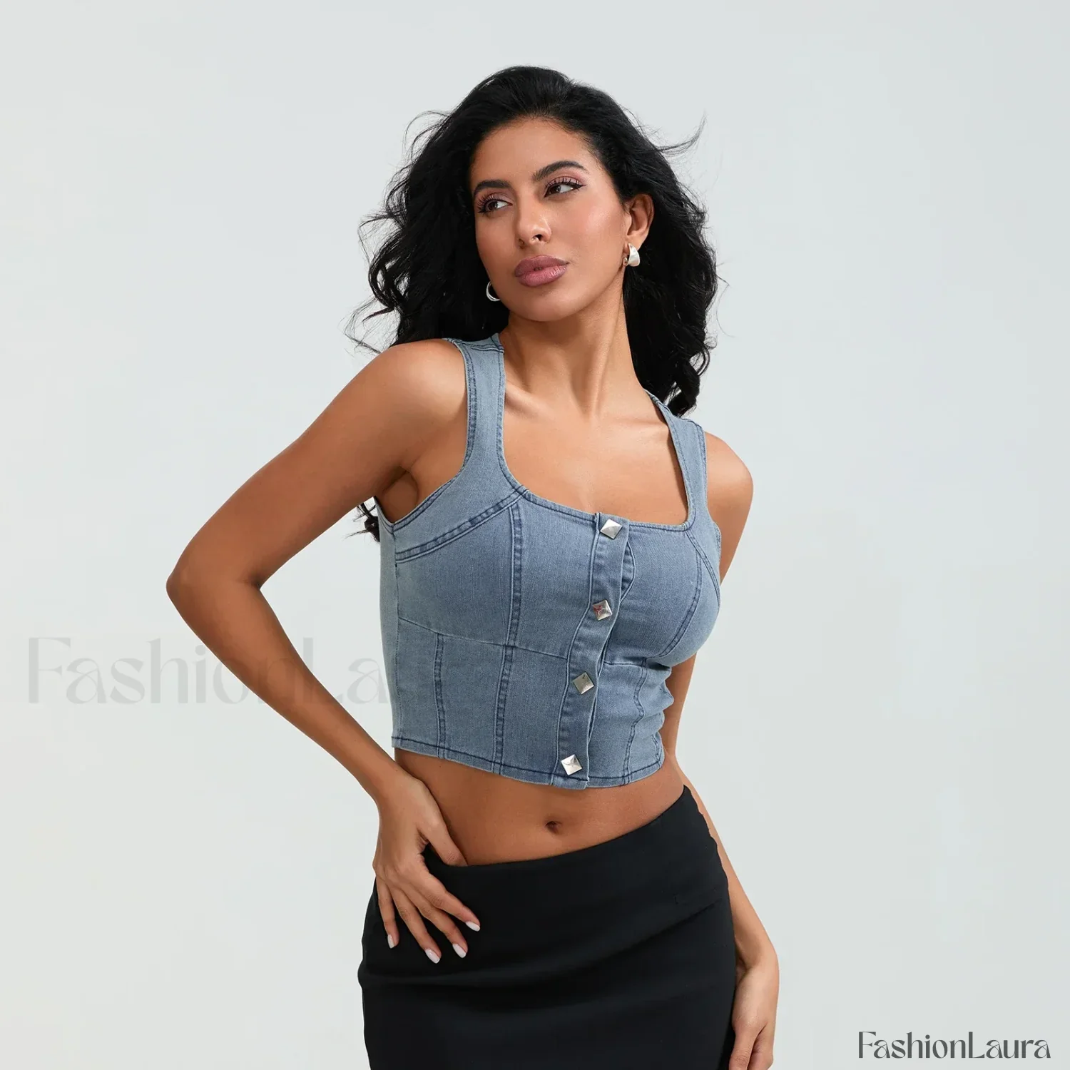 Denim Button Square Crop Top - Image 15