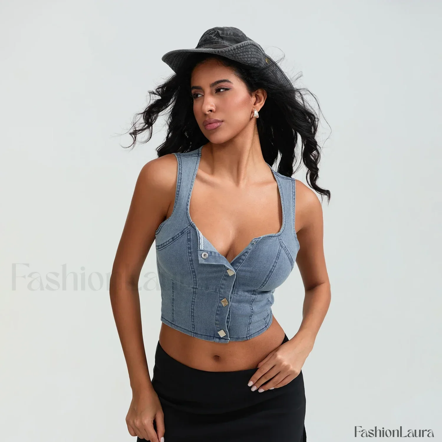 Denim Button Square Crop Top - Image 16