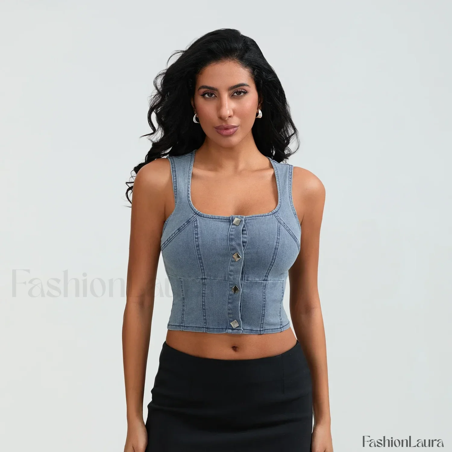 Denim Button Square Crop Top - Image 18