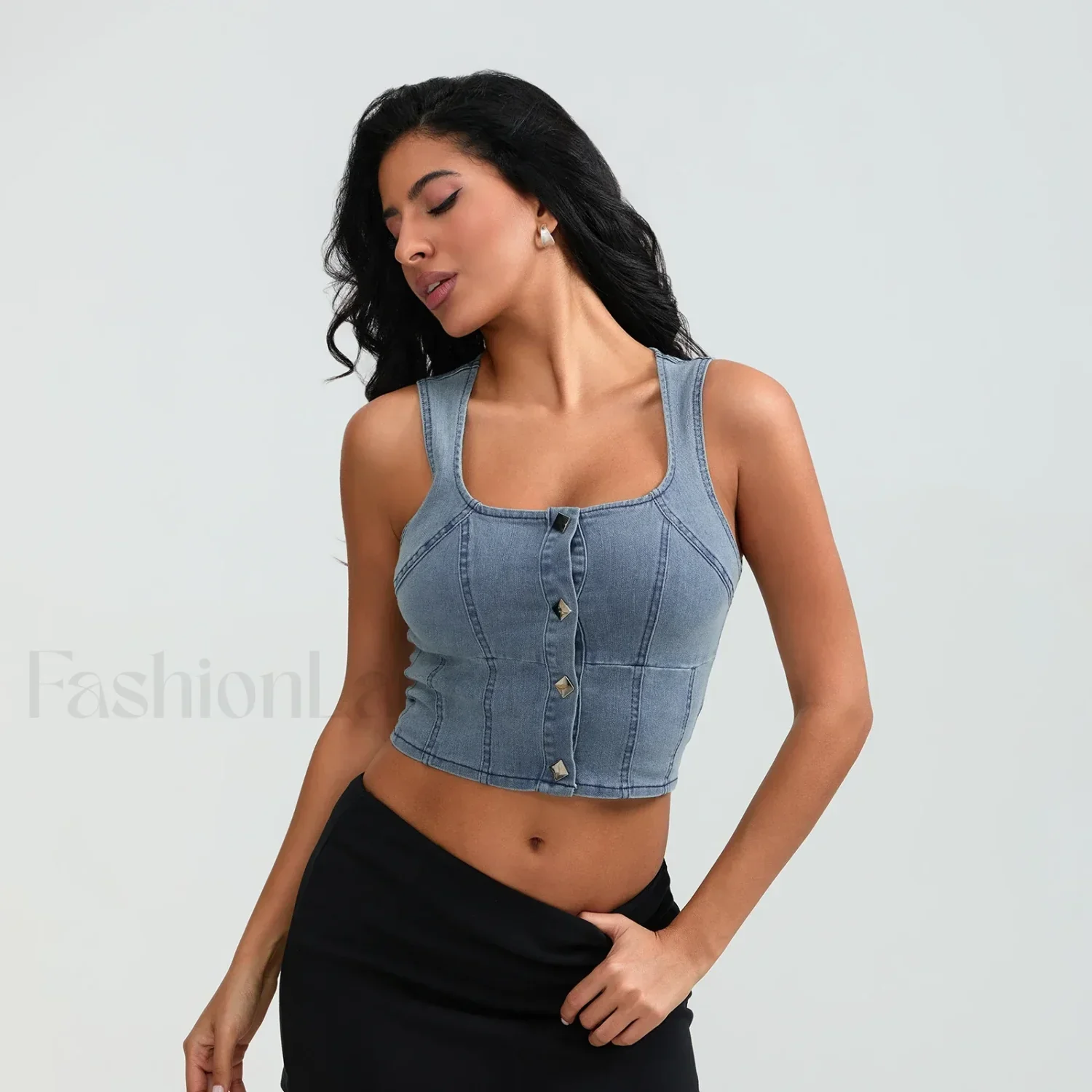 Denim Button Square Crop Top - Image 5