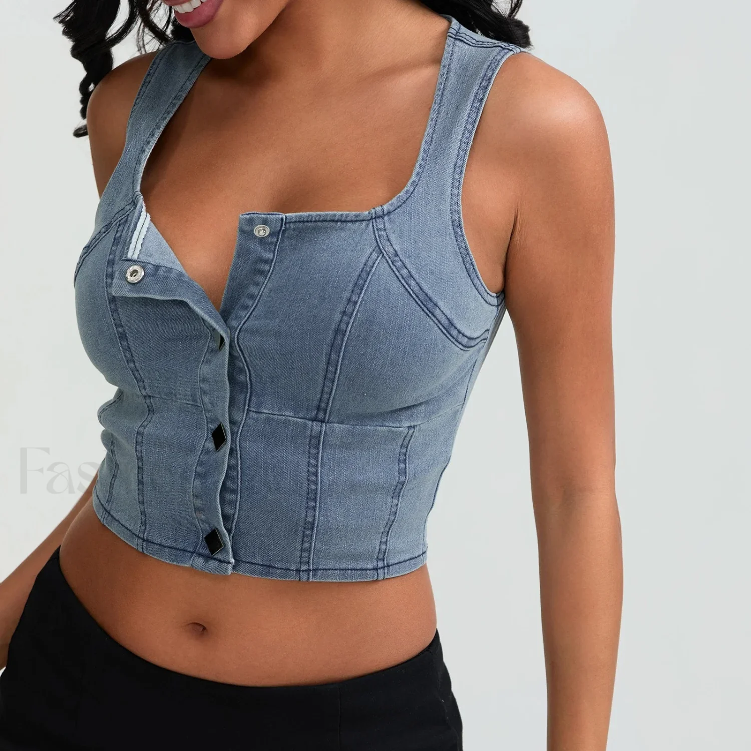 Denim Button Square Crop Top - Image 6