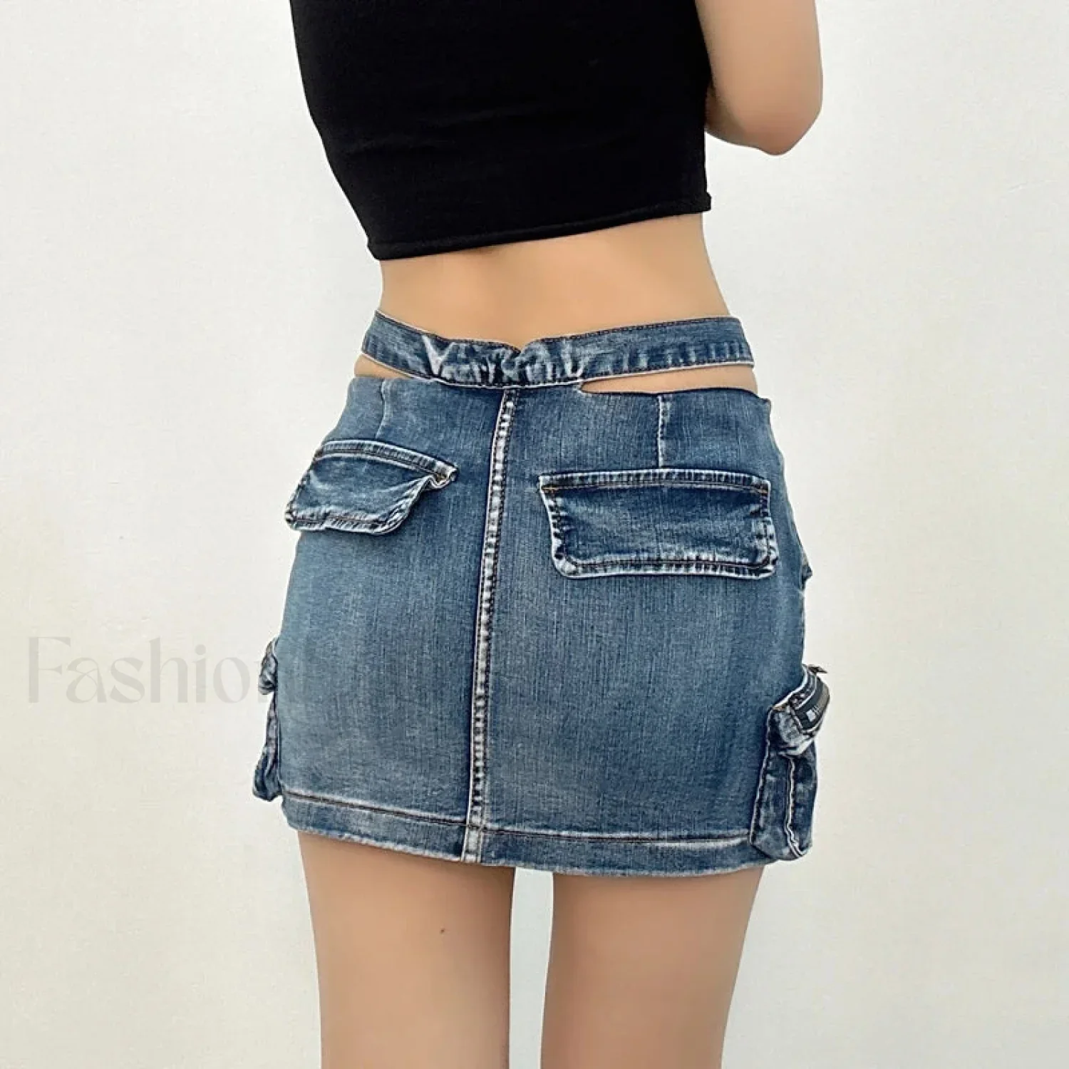 Denim Multi Pocket Wrap Mini Skirt - Image 5