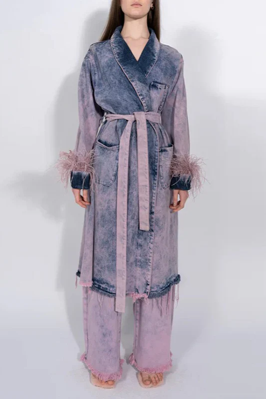 Denim Ostrich Feather Trim Belted Overcoat - Image 2