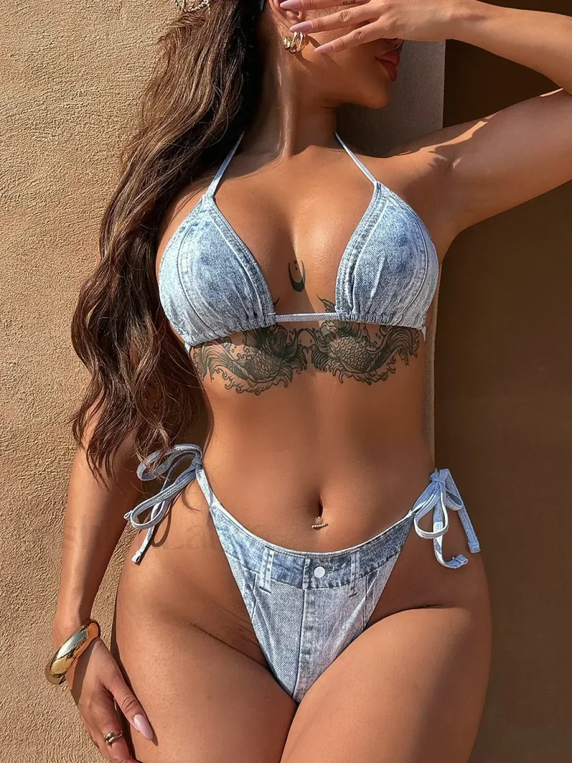 Denim Printed Halter Strappy High Cut Bikini Set
