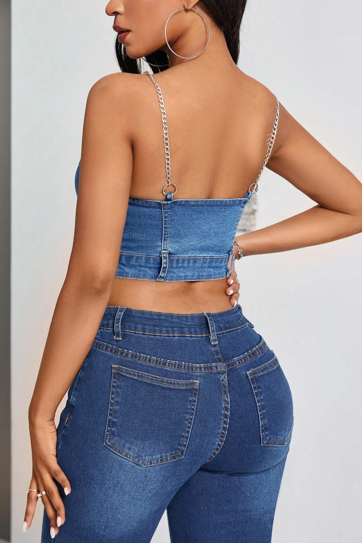 Denim Spaghetti Strap Deep V Crop Top - Image 3
