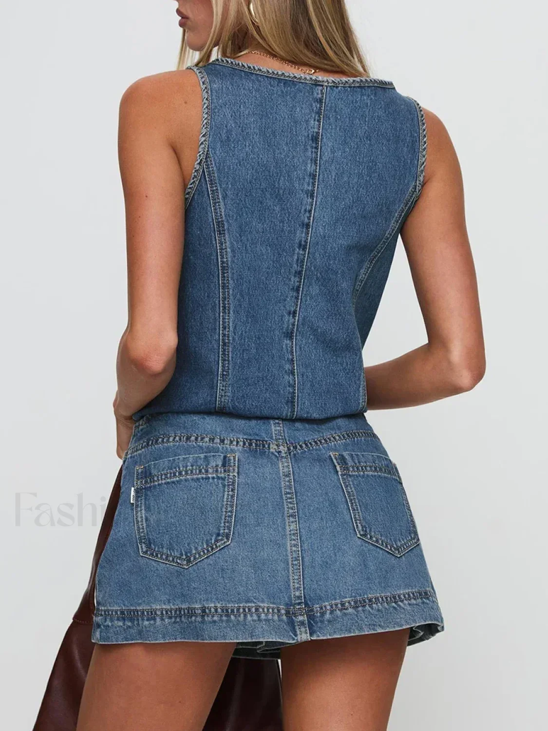 Denim Tie-Up Front Top Mini Skirt Two Piece Set - Image 7