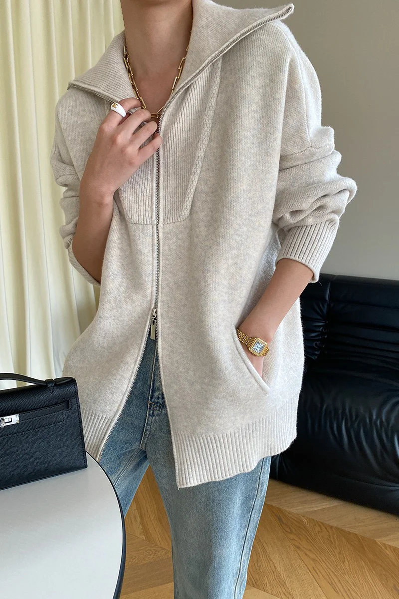Double Zipper Shawl Collar Sweater - Image 15