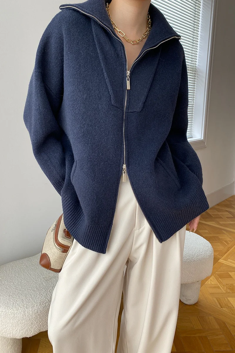 Double Zipper Shawl Collar Sweater - Image 22