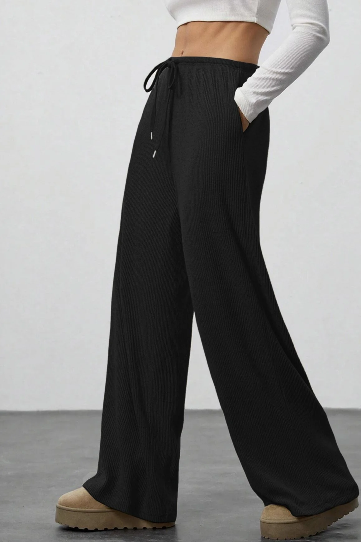 Draped Drawstring Wide Leg Knit Pants - Image 10