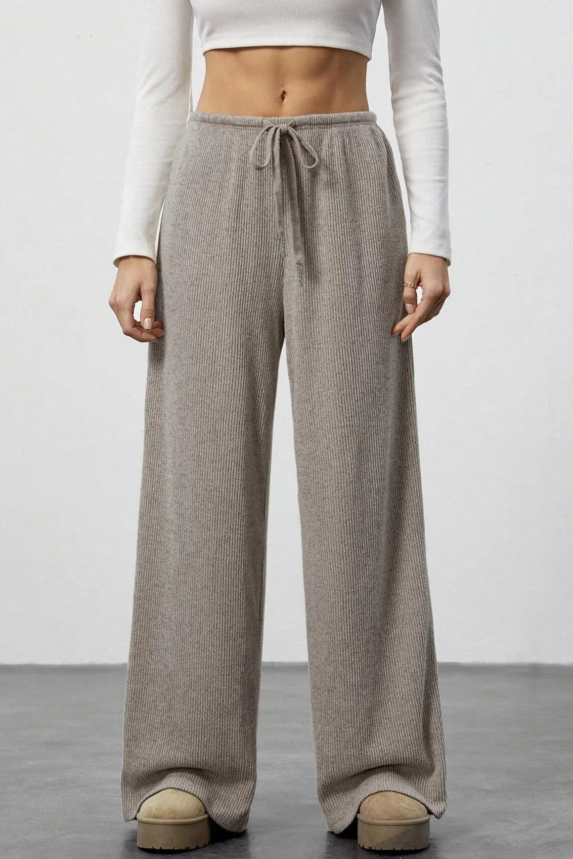 Draped Drawstring Wide Leg Knit Pants - Image 3