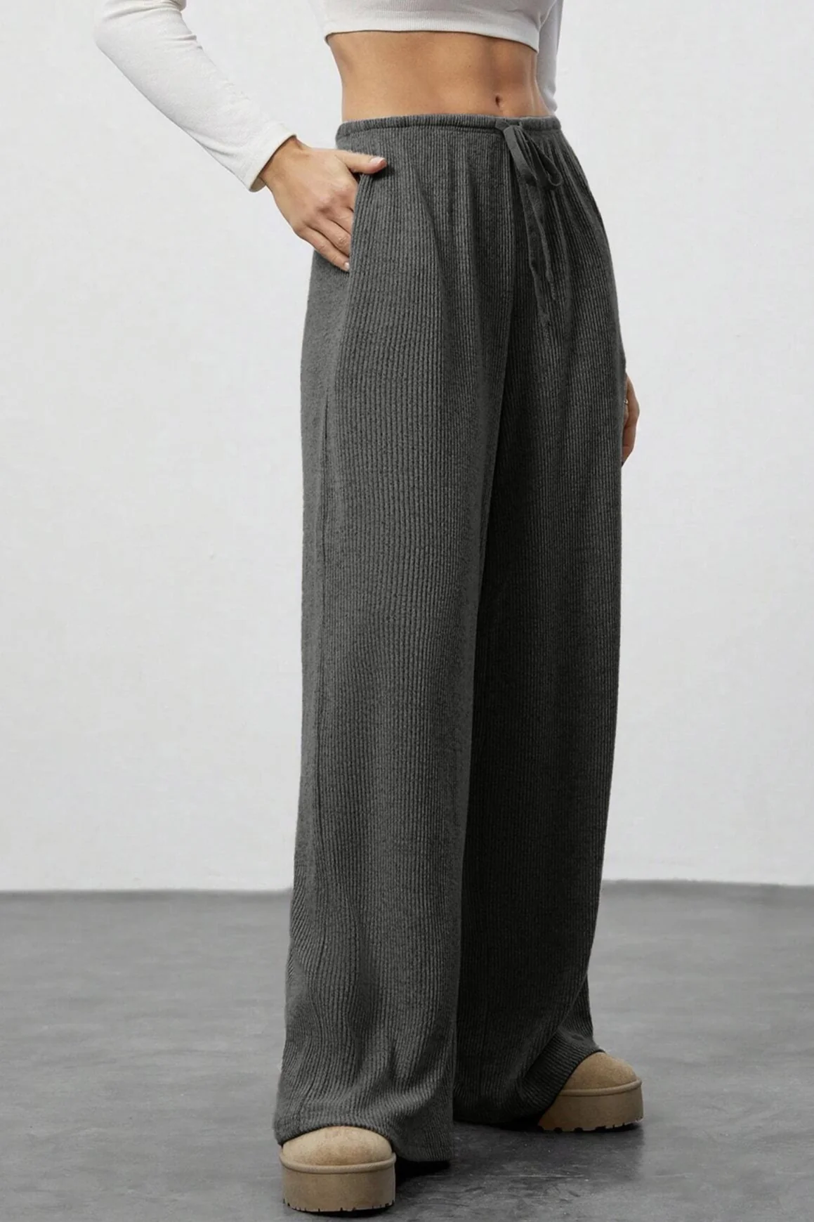 Draped Drawstring Wide Leg Knit Pants - Image 7