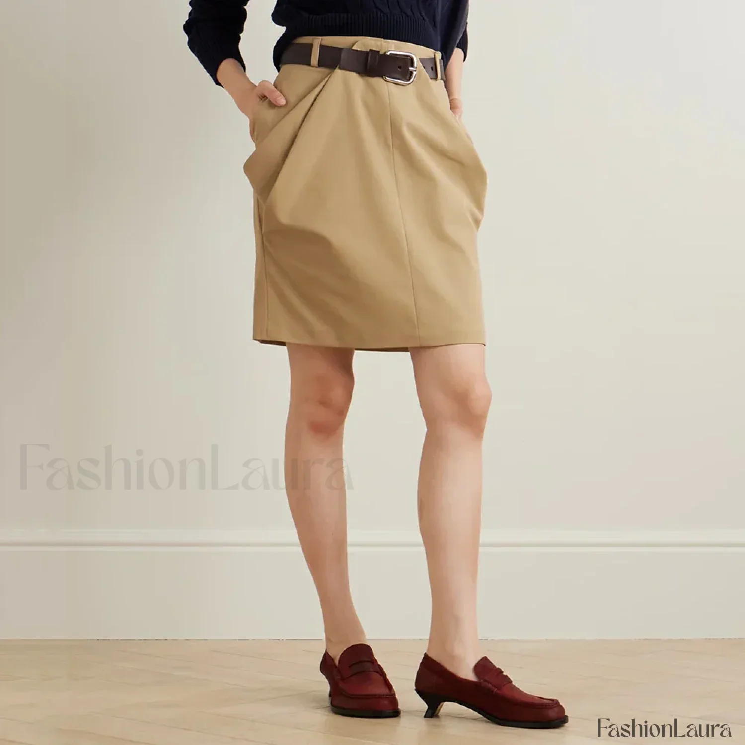 Draped Peplum Belted Cotton Skirt - Image 9