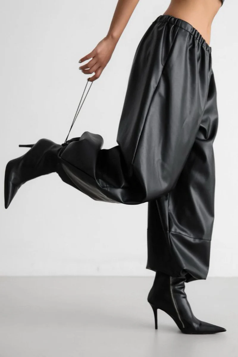 Drawstring Cuff PU Leather Relaxed Pants - Image 2