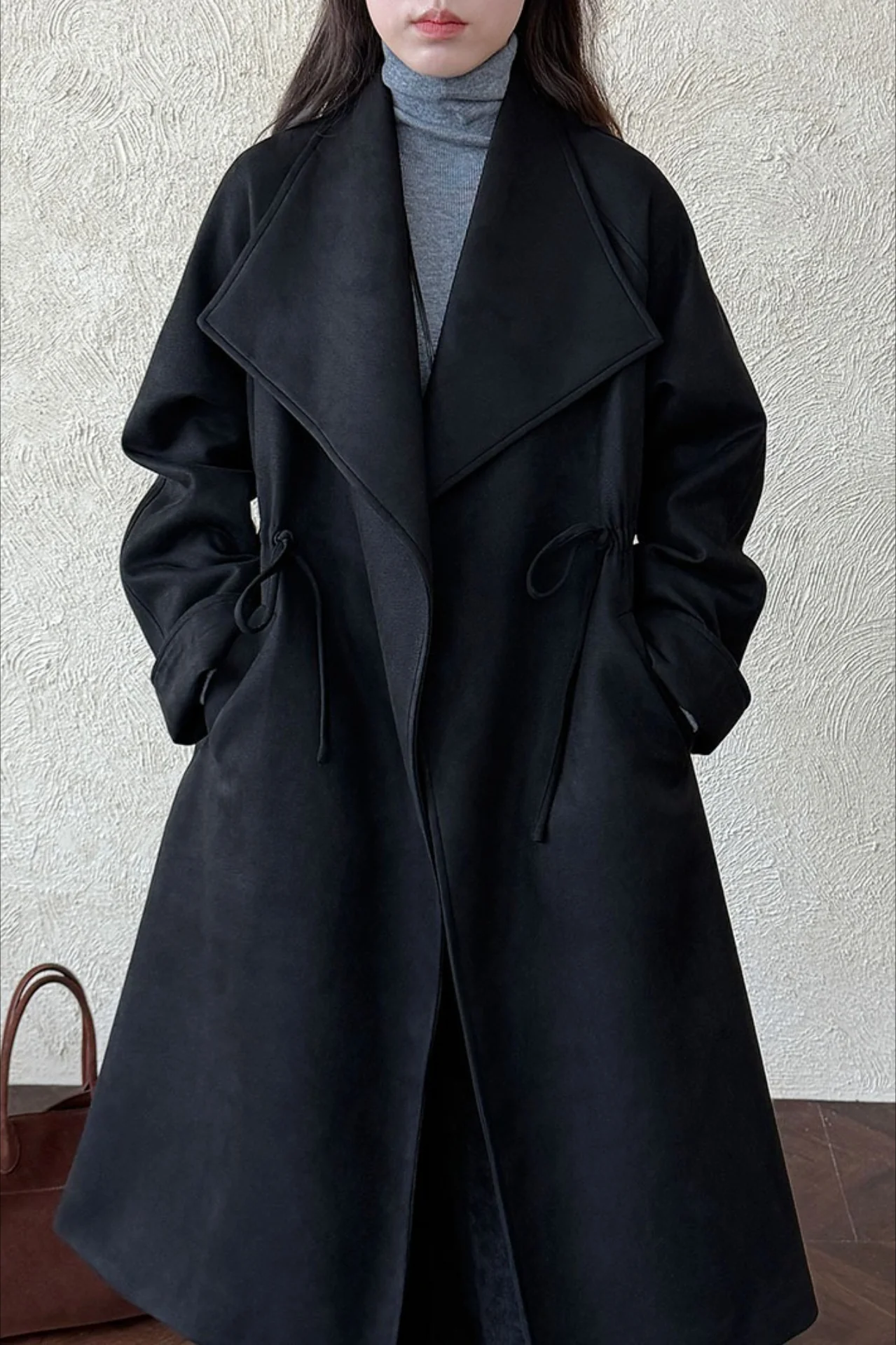 Drawstring Notch Collar Long Relaxed Overcoat - Image 11