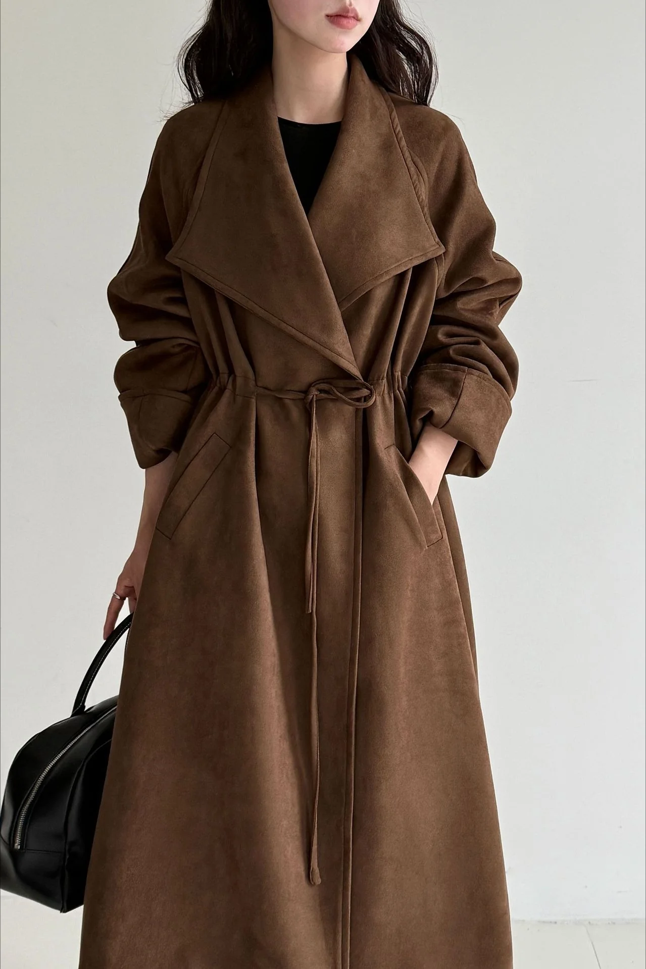 Drawstring Notch Collar Long Relaxed Overcoat - Image 2
