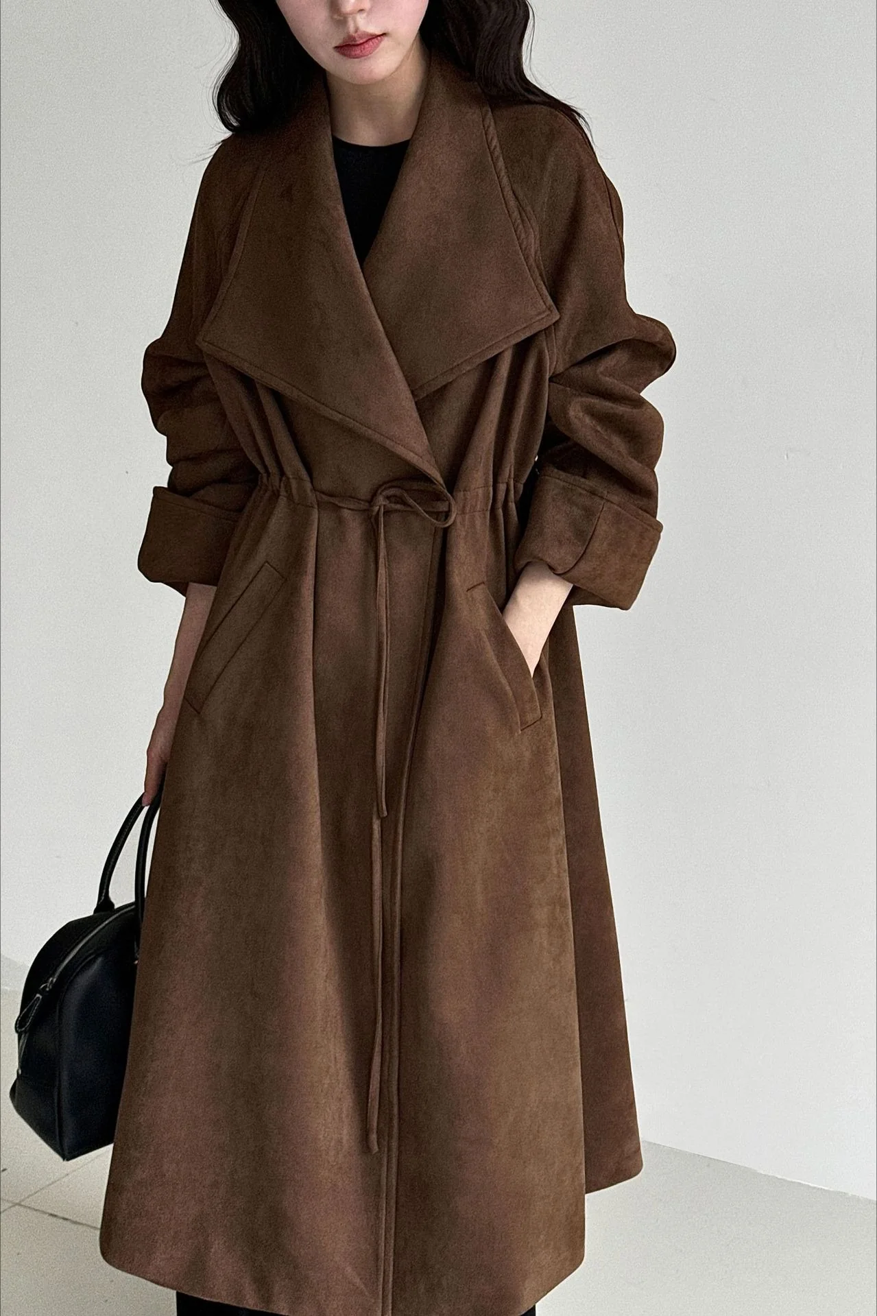 Drawstring Notch Collar Long Relaxed Overcoat - Image 3