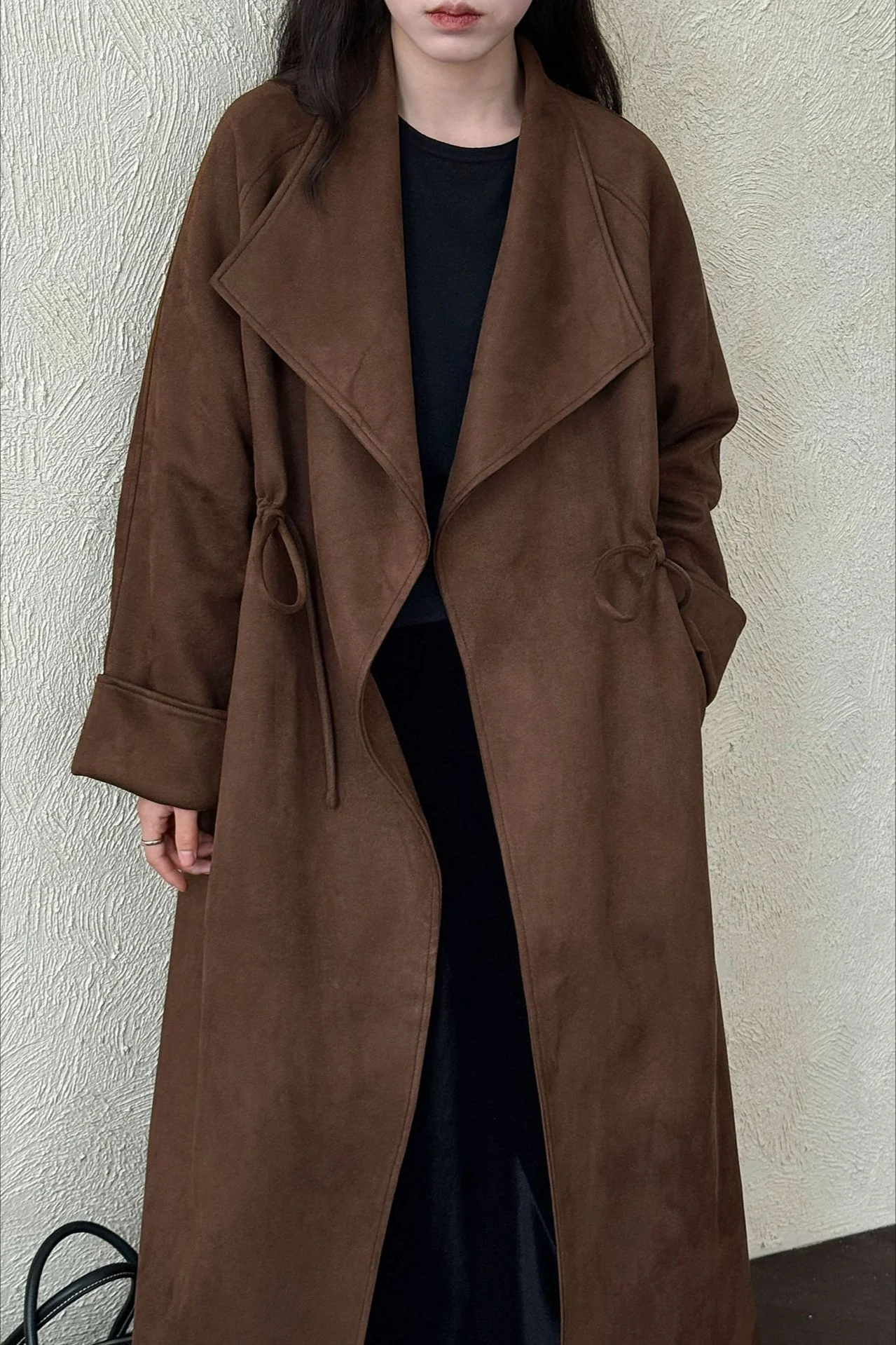 Drawstring Notch Collar Long Relaxed Overcoat - Image 4