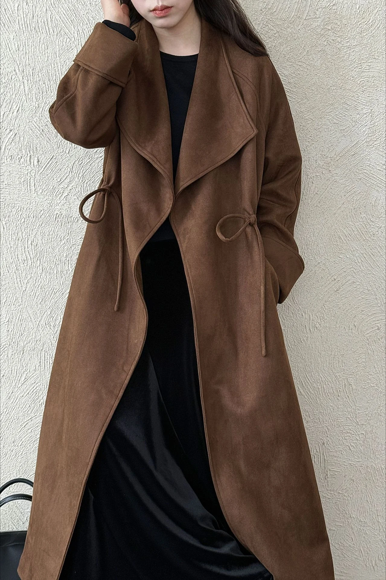 Drawstring Notch Collar Long Relaxed Overcoat - Image 5