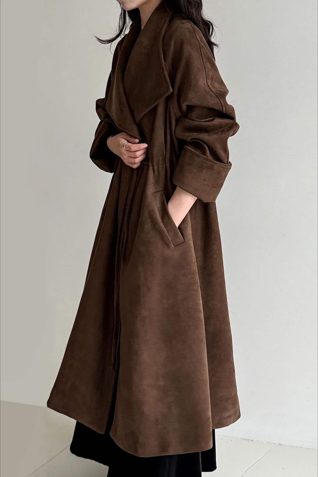 Drawstring Notch Collar Long Relaxed Overcoat - Image 6