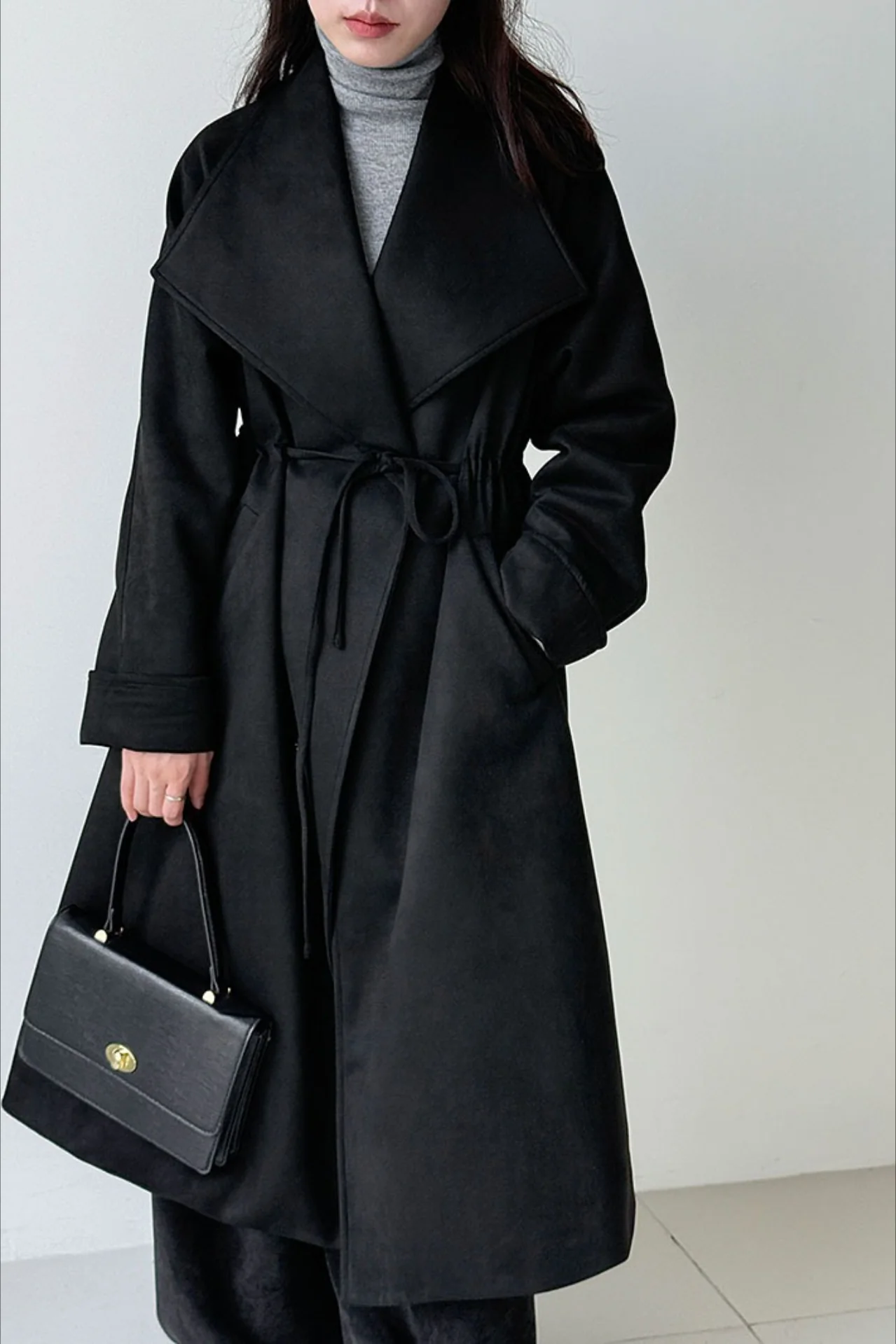 Drawstring Notch Collar Long Relaxed Overcoat - Image 7