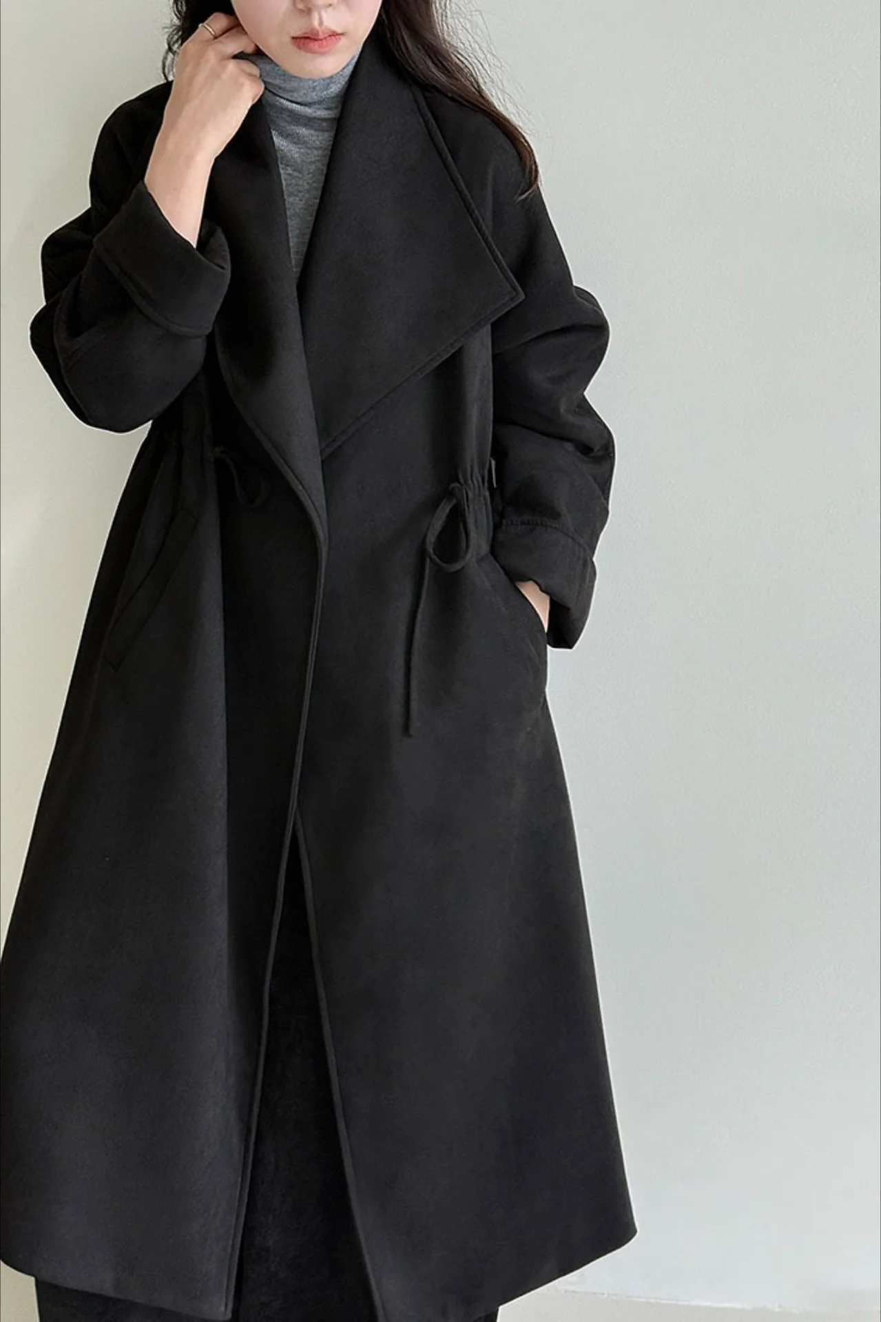Drawstring Notch Collar Long Relaxed Overcoat - Image 8