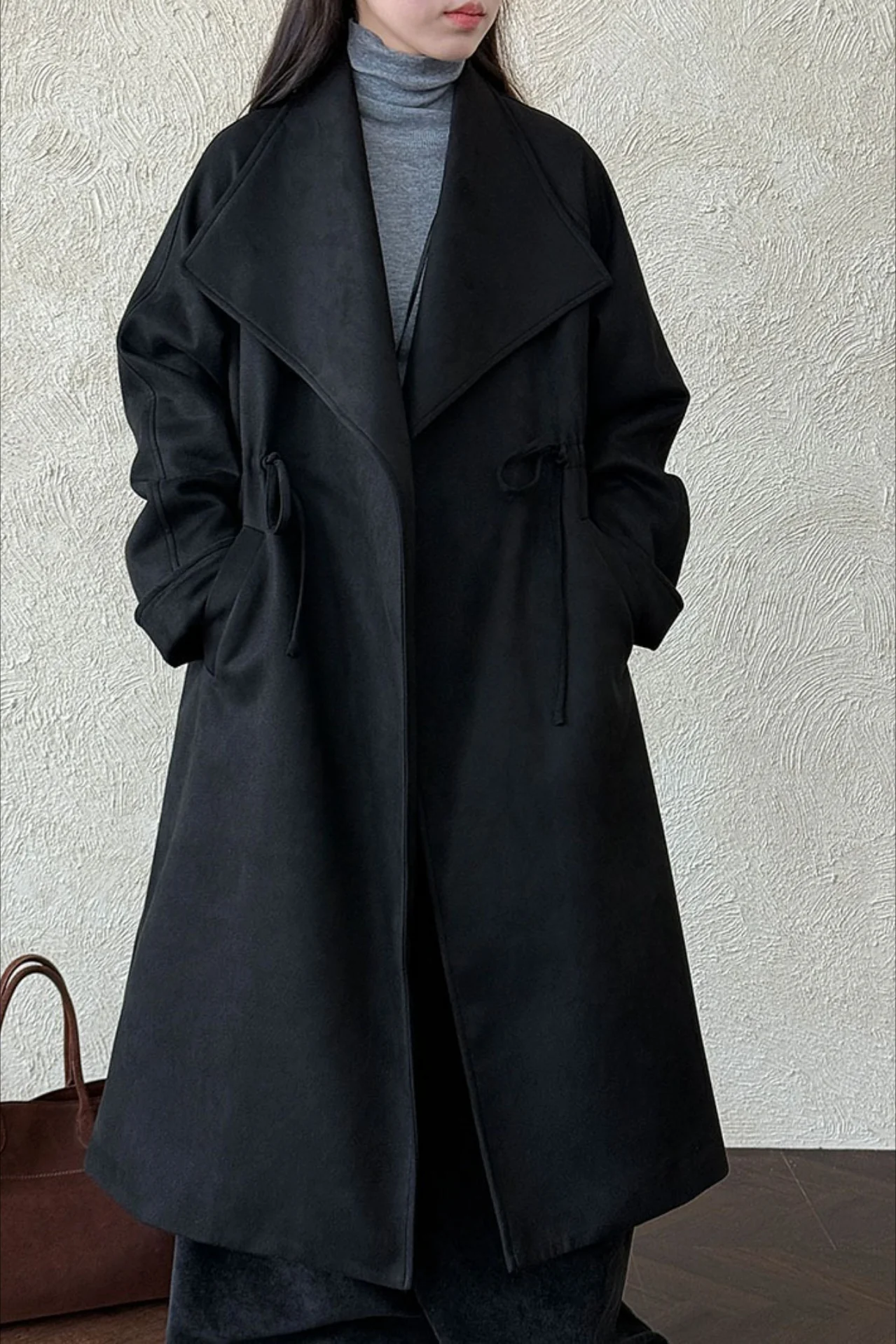 Drawstring Notch Collar Long Relaxed Overcoat - Image 9