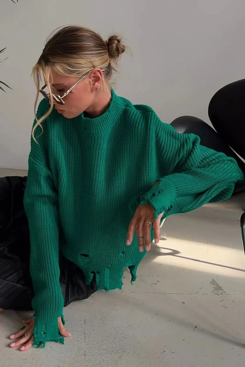 Edgy Distressed Crew Neck Solid Sweater - Image 2