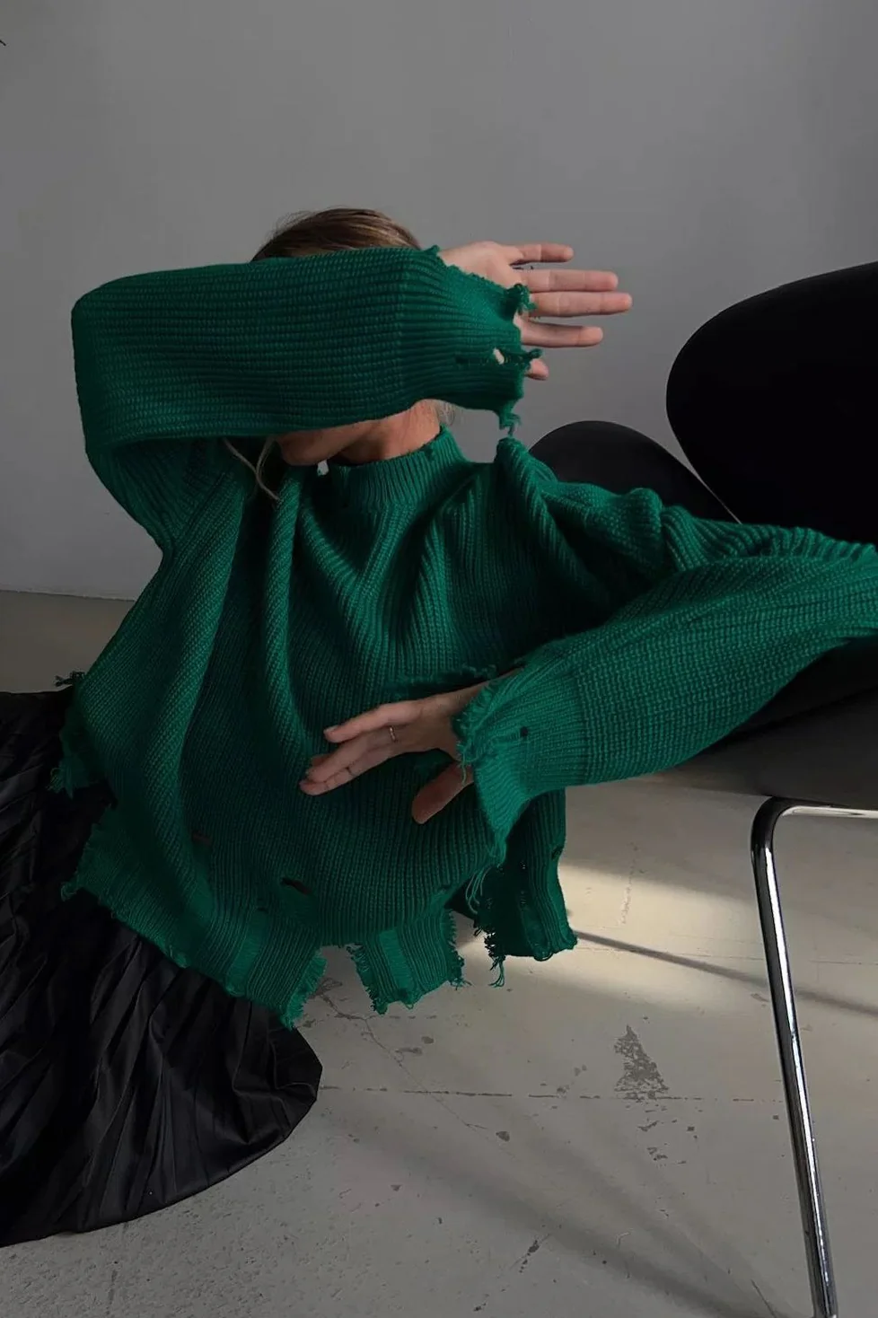 Edgy Distressed Crew Neck Solid Sweater - Image 3