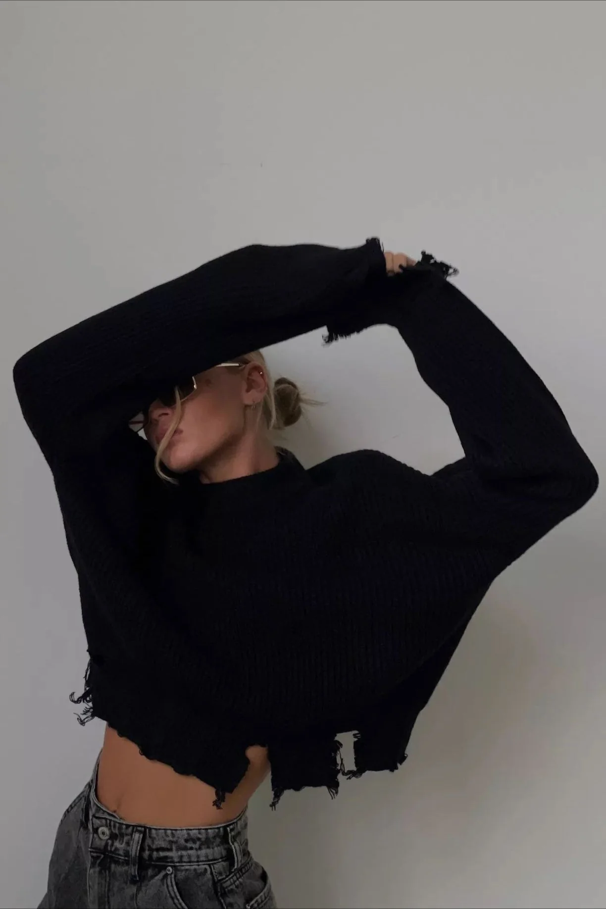 Edgy Distressed Crew Neck Solid Sweater - Image 4