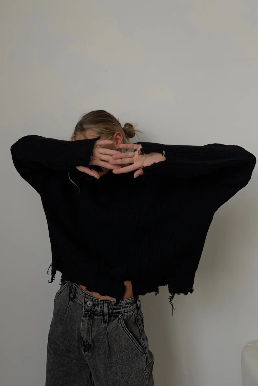 Edgy Distressed Crew Neck Solid Sweater - Image 5
