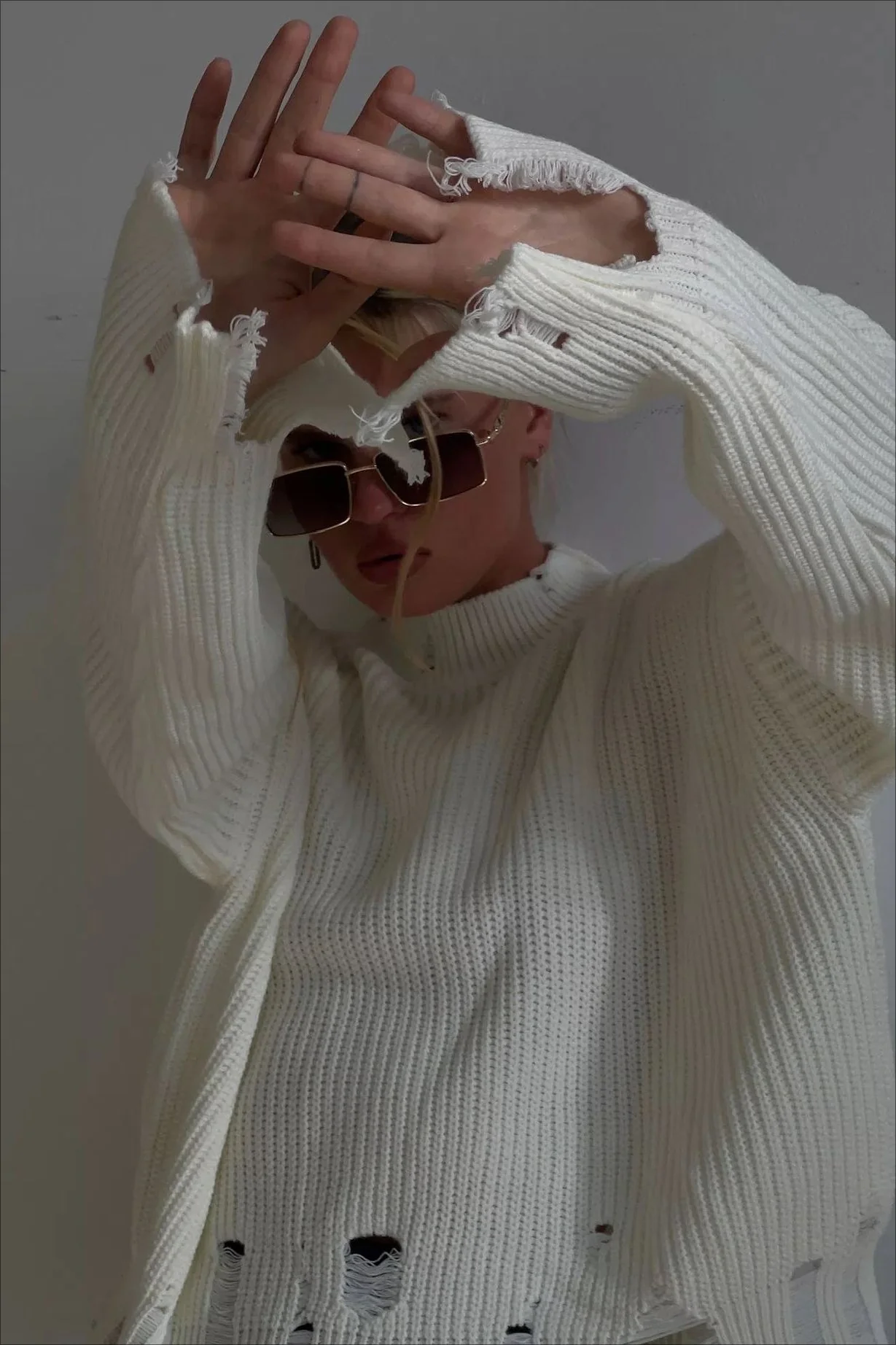 Edgy Distressed Crew Neck Solid Sweater - Image 6