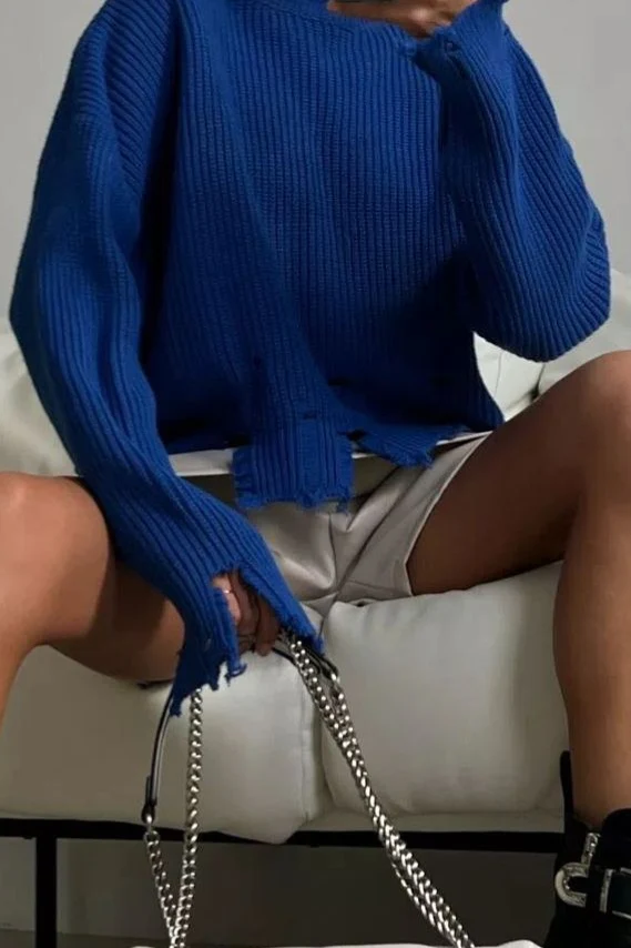 Edgy Distressed Crew Neck Solid Sweater - Image 7