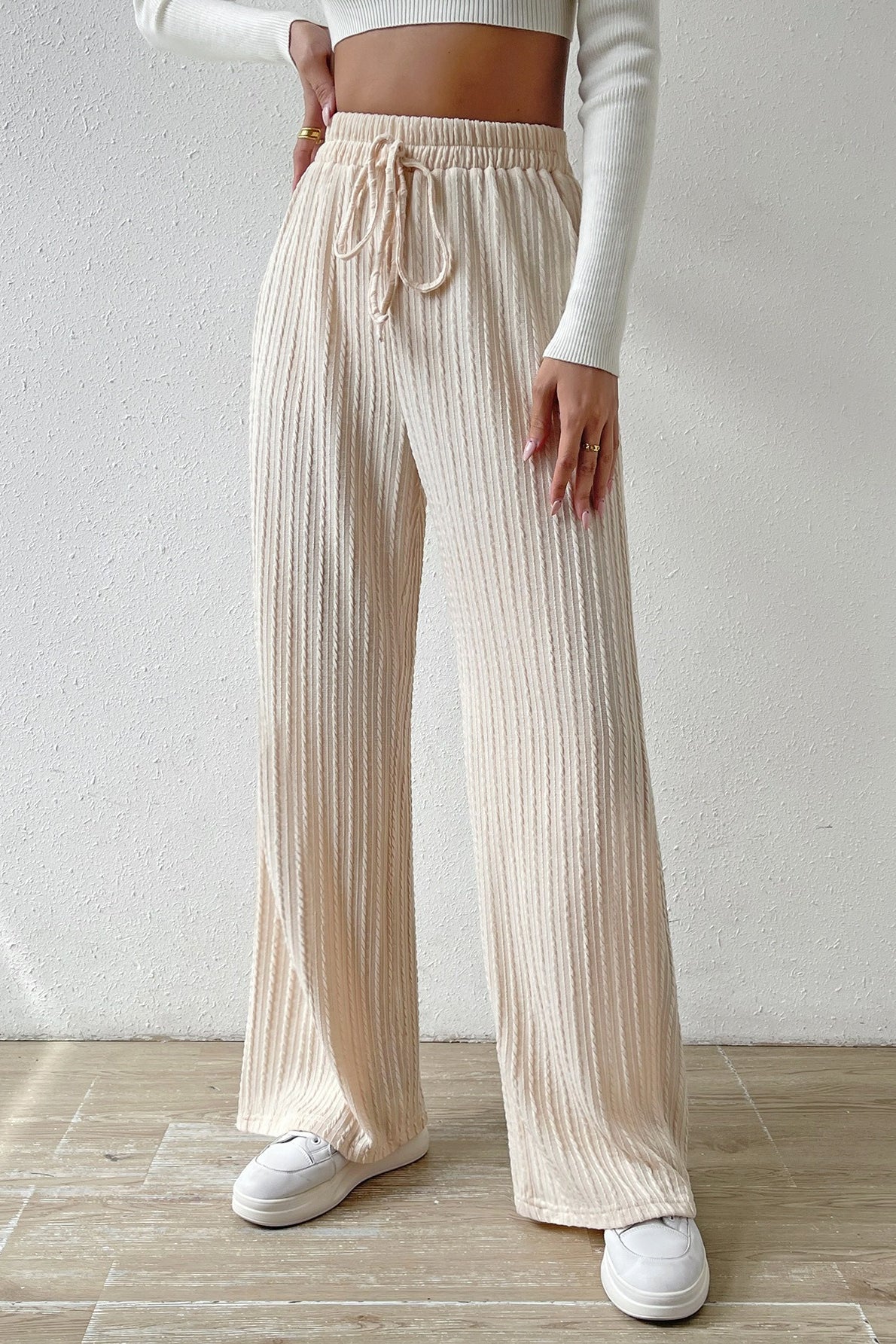 Elastic High Waist Solid Straight Leg Knit Pants - Image 4