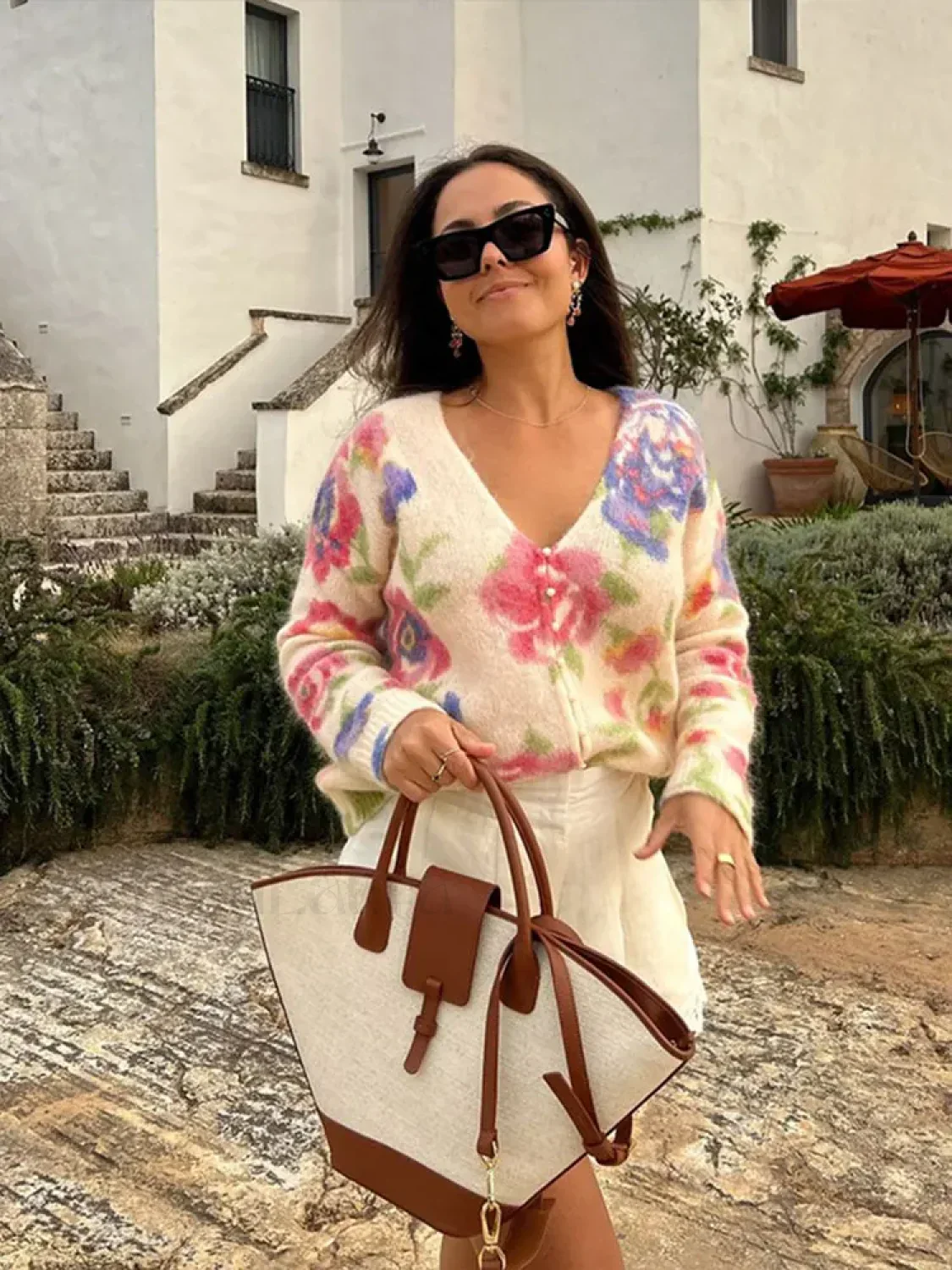 Elegant Flower Print Backless Knitted Women Fashion V Neck Long Sleeve Sweater - Image 13