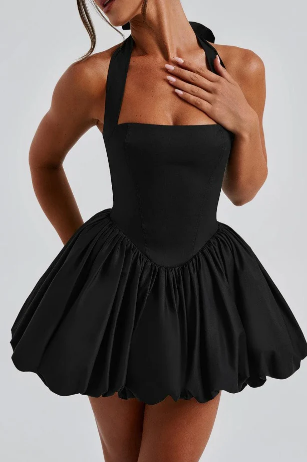 Elegant Halter Tie Bow Puffy Hem Mini Dress - Image 12