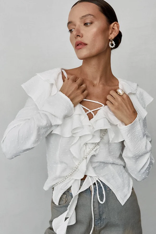 Elegant Long Sleeve Crepe Blouse - Image 9