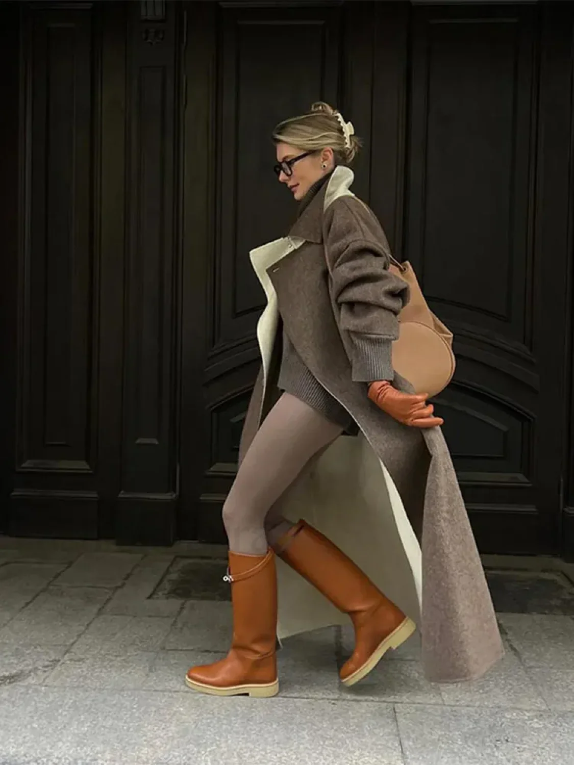 Elegant Patchwork Lapel Long Sleeve Woolen Overcoats - Image 2