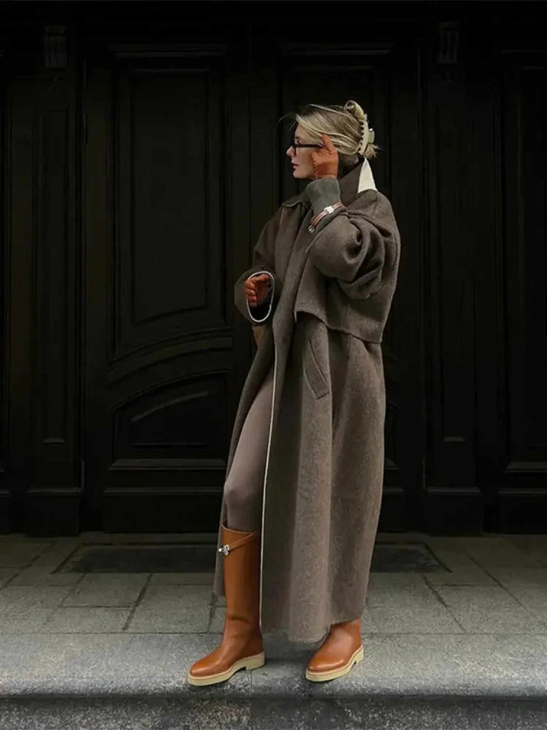 Elegant Patchwork Lapel Long Sleeve Woolen Overcoats - Image 3