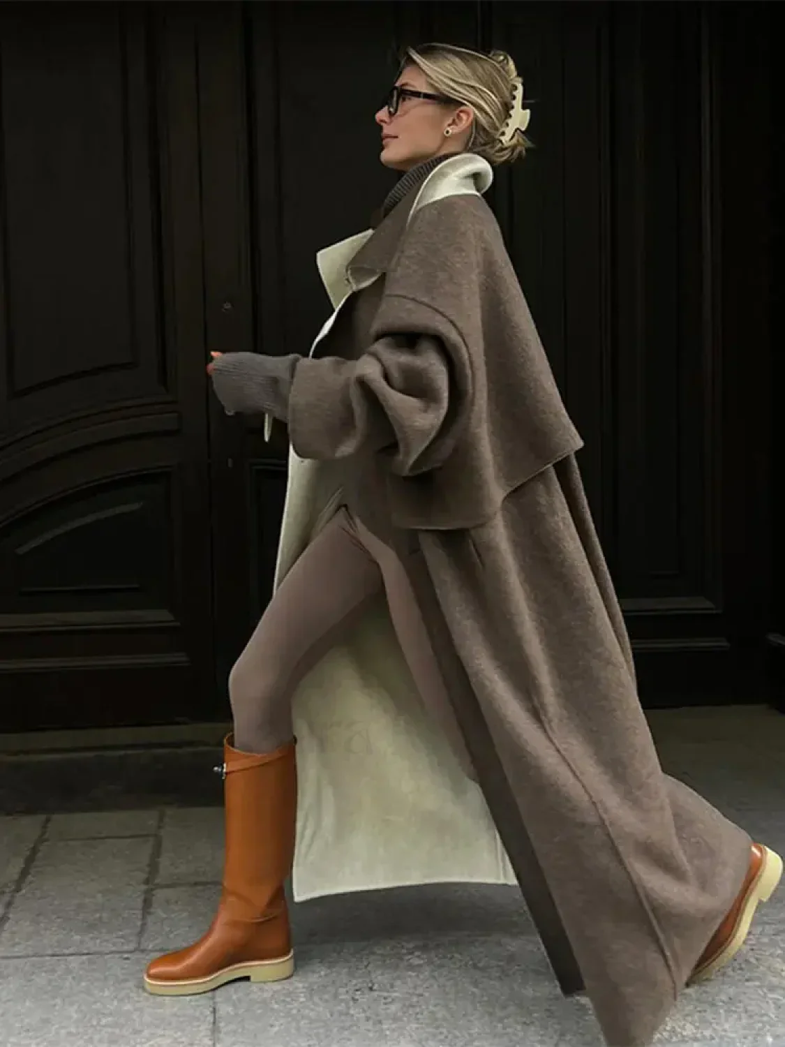 Elegant Patchwork Lapel Long Sleeve Woolen Overcoats - Image 9