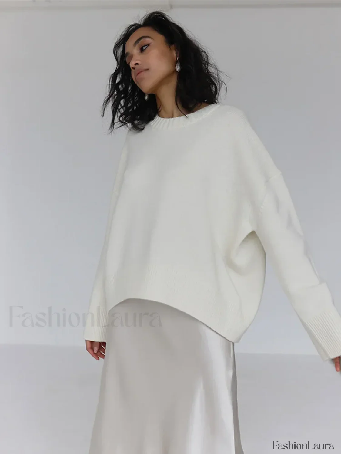 Elegant Solid Round Neck Pullover Women Casual Long Sleeve Loose Soft Warm Sweater - Image 11