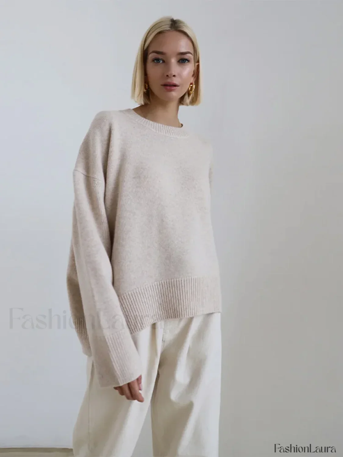 Elegant Solid Round Neck Pullover Women Casual Long Sleeve Loose Soft Warm Sweater - Image 13