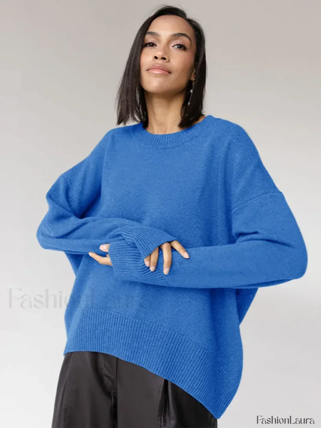 Elegant Solid Round Neck Pullover Women Casual Long Sleeve Loose Soft Warm Sweater - Image 14