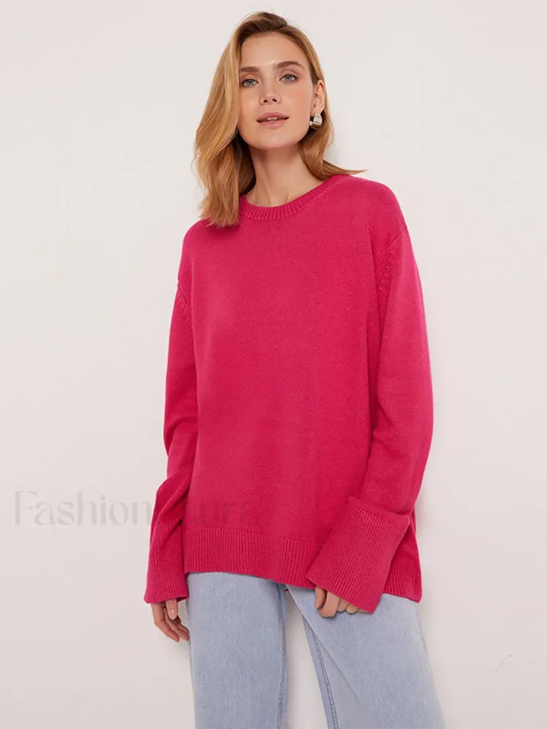 Elegant Solid Round Neck Pullover Women Casual Long Sleeve Loose Soft Warm Sweater - Image 6