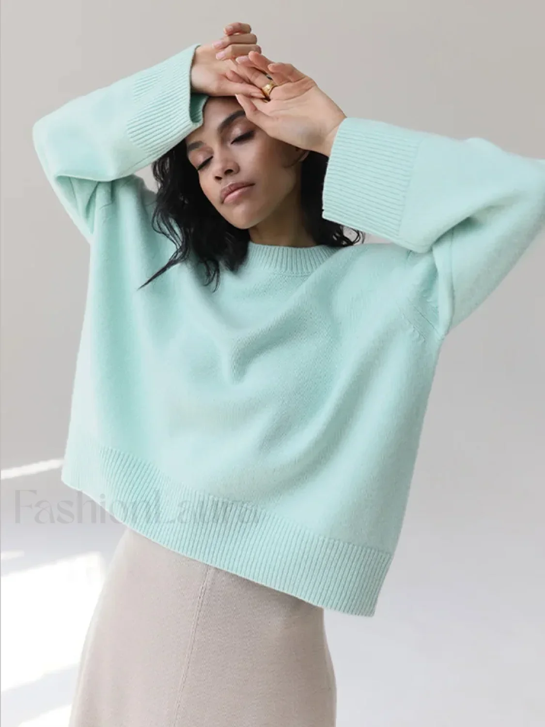 Elegant Solid Round Neck Pullover Women Casual Long Sleeve Loose Soft Warm Sweater - Image 7