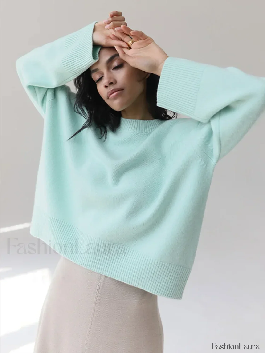 Elegant Solid Round Neck Pullover Women Casual Long Sleeve Loose Soft Warm Sweater - Image 8