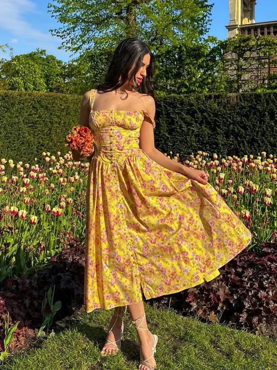 Elegant Summer Floral Print Midi Dress Yellow Lace Up Pocket Floral Dress - Image 6