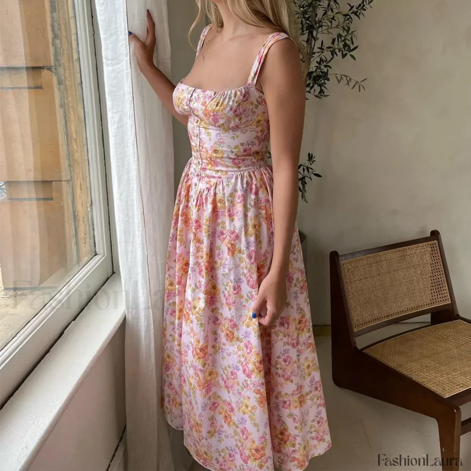 Elegant Summer Floral Print Midi Dress Yellow Lace Up Pocket Floral Dress - Image 7