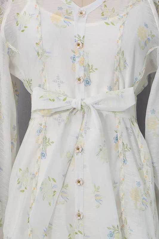 Embroidered Puff Sleeve Tie Boho Dress - Image 7